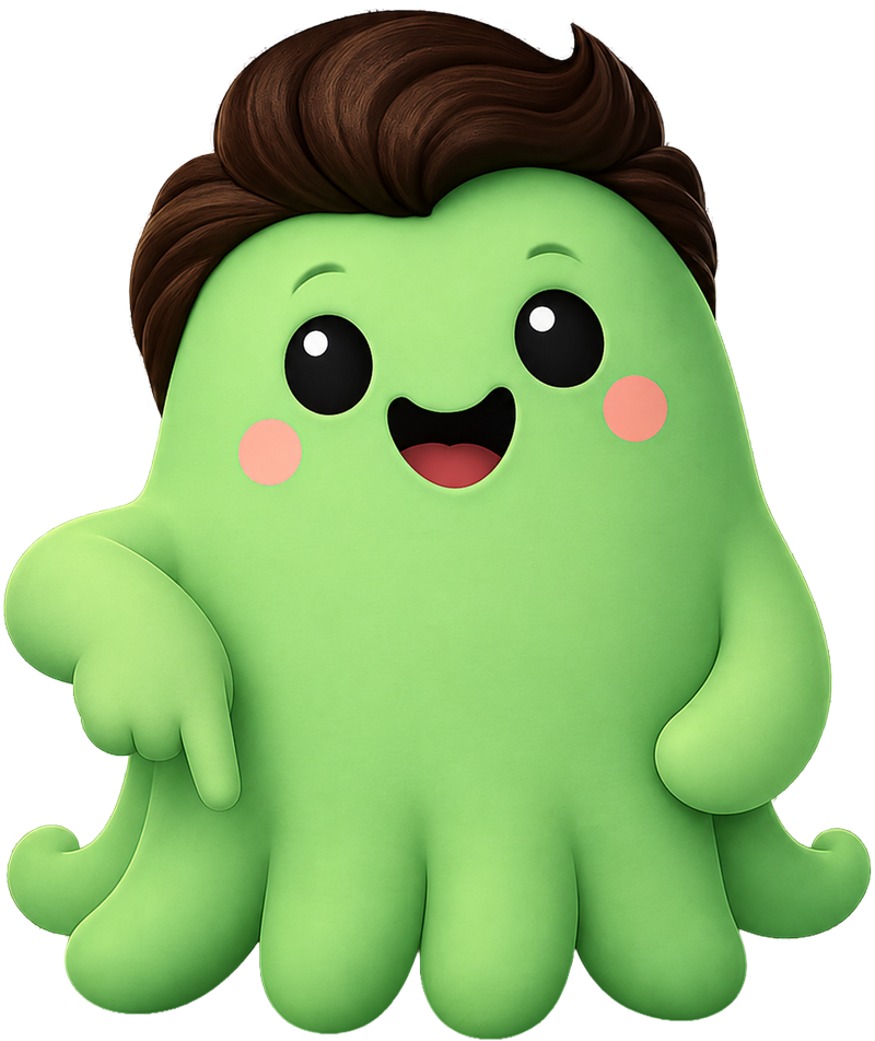 Octi mascot pointing down to what comes next