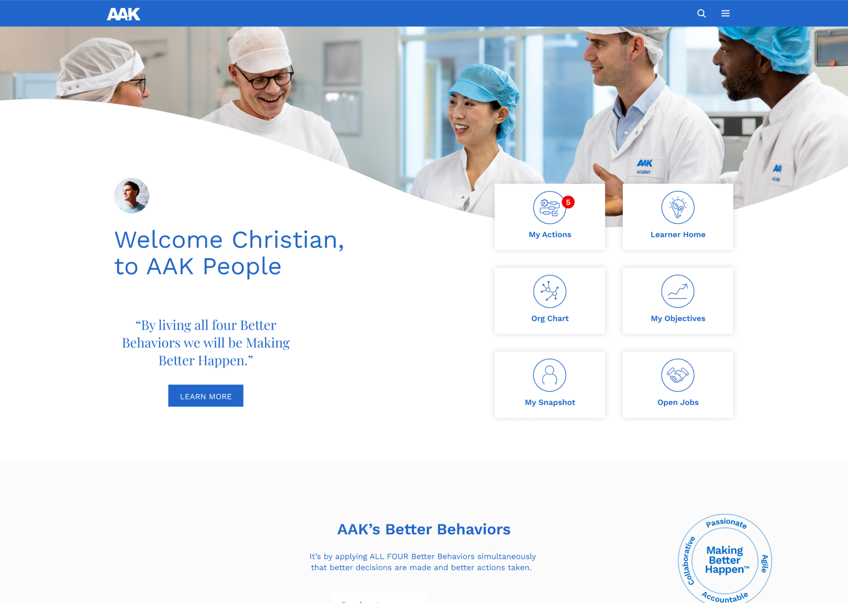 Custom AAK welcome page designed by Octily inside Cornerstone.