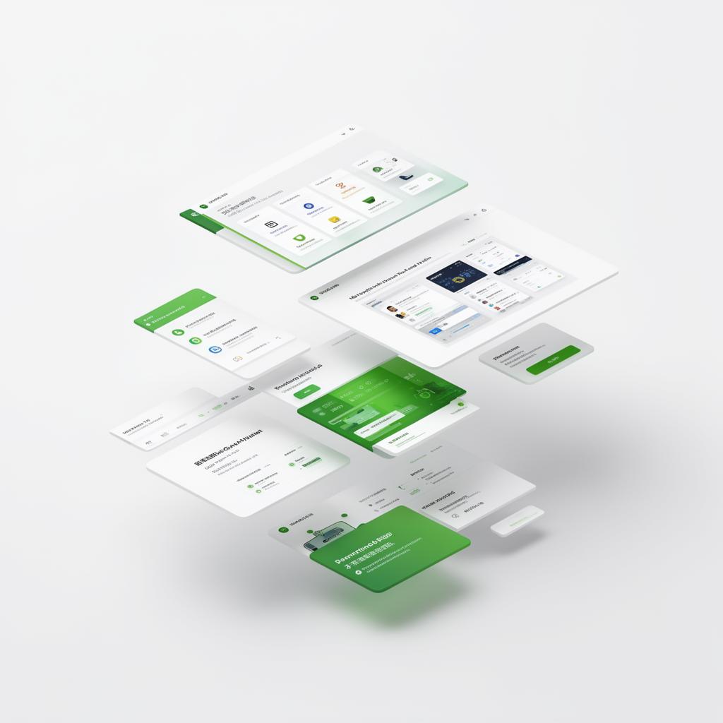 Modular product UI cards floating on a clean background