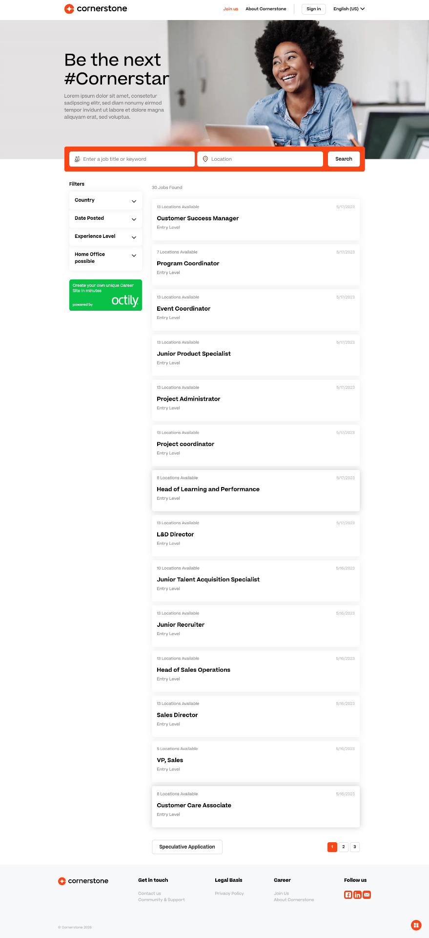 Career site layout editor showing page structure and section positioning