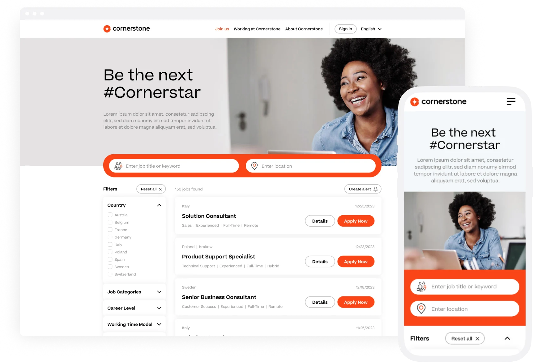 Cornerstone welcome page template used for career site experience