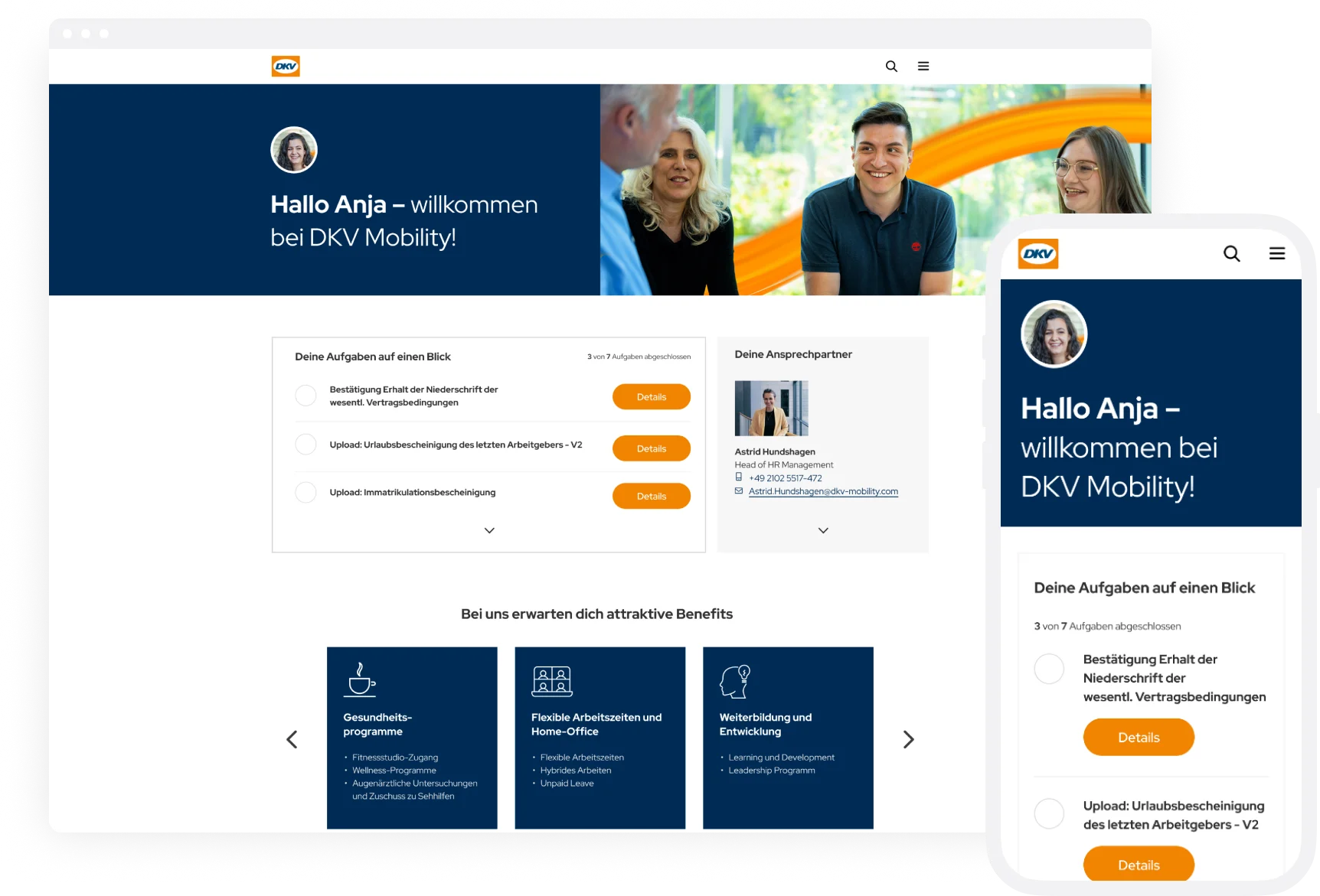 DKV Mobility onboarding welcome page showing structured onboarding journey for new hires