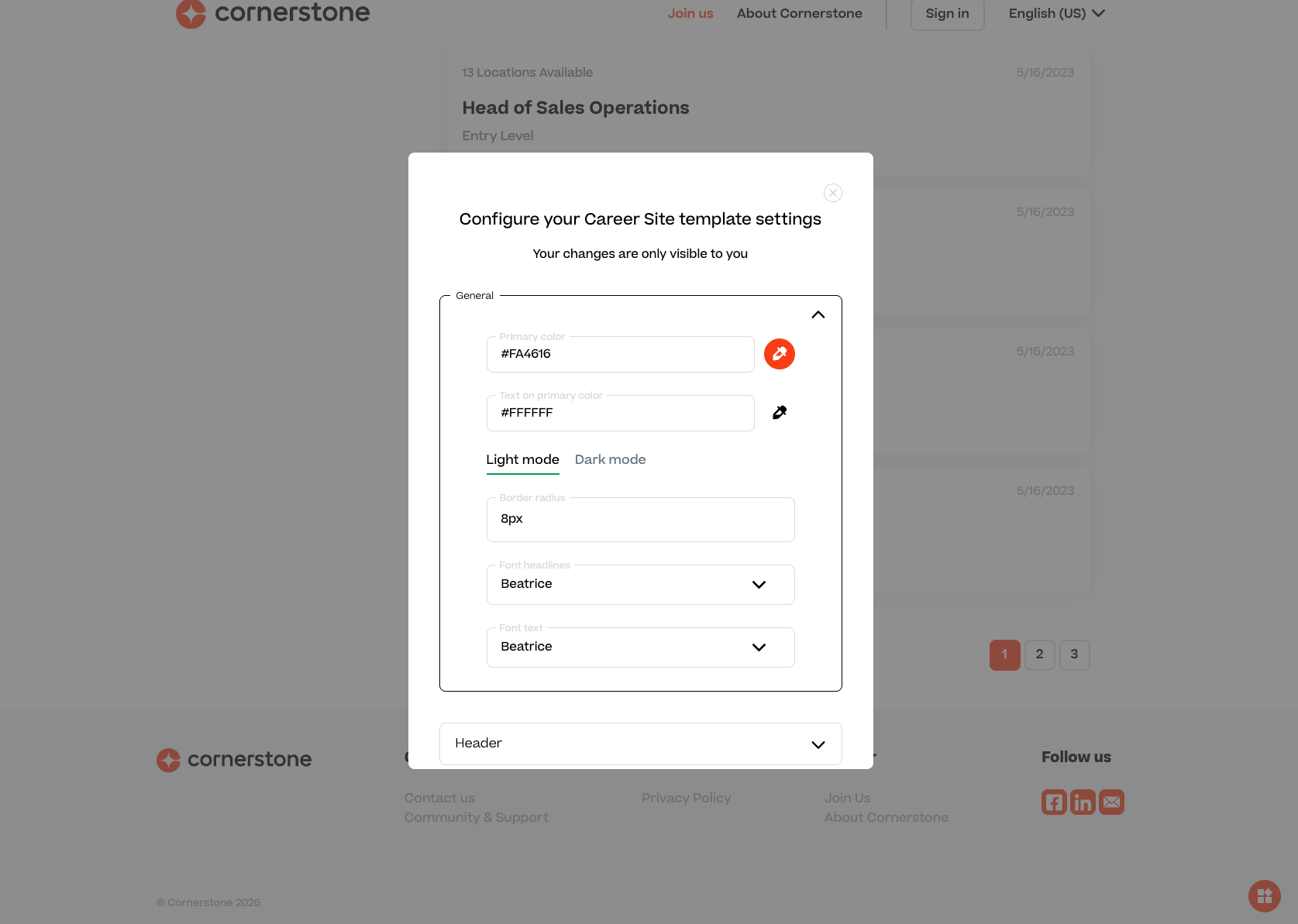 General configuration panel showing color and font settings