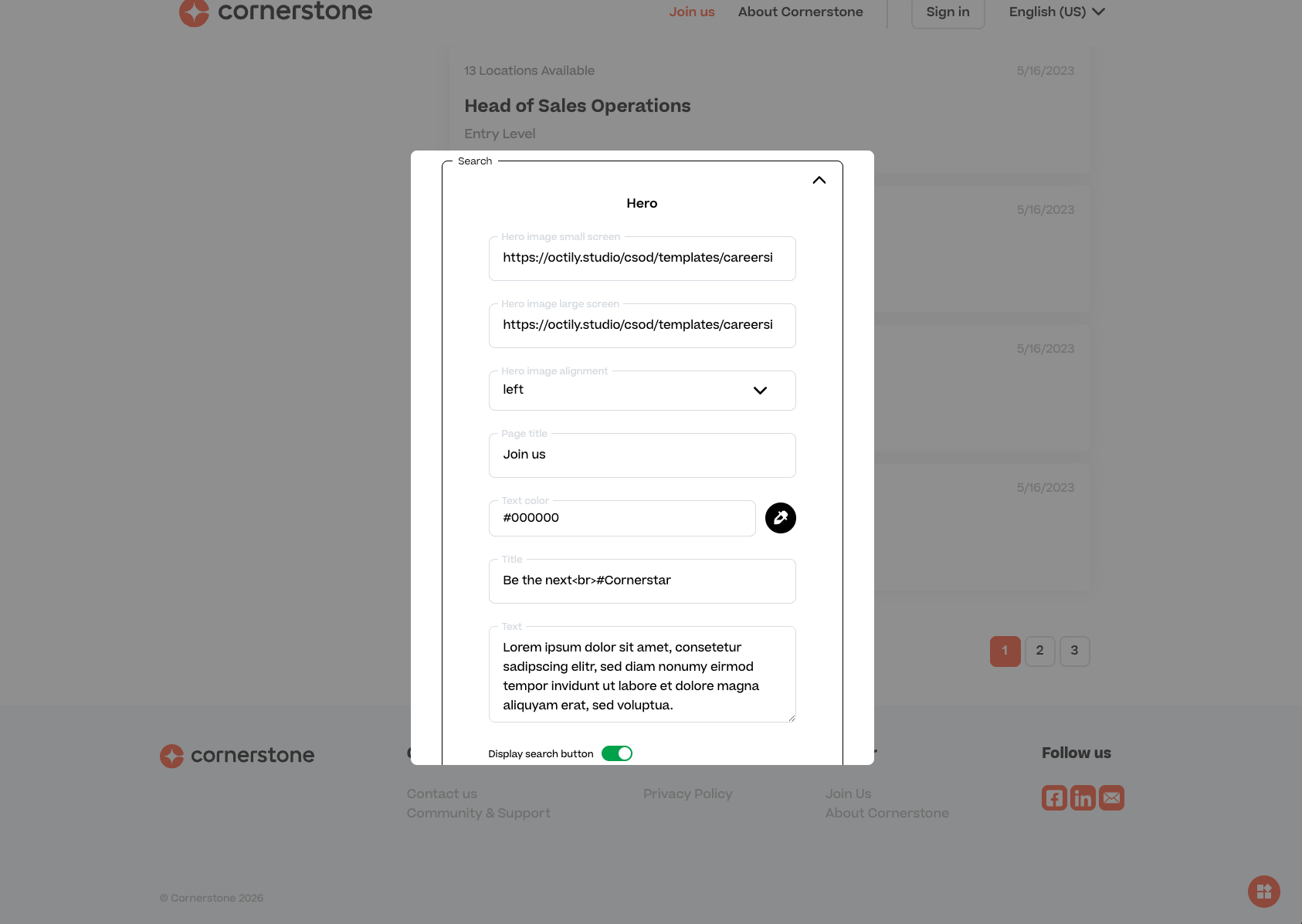 Hero section editor showing real-time content controls
