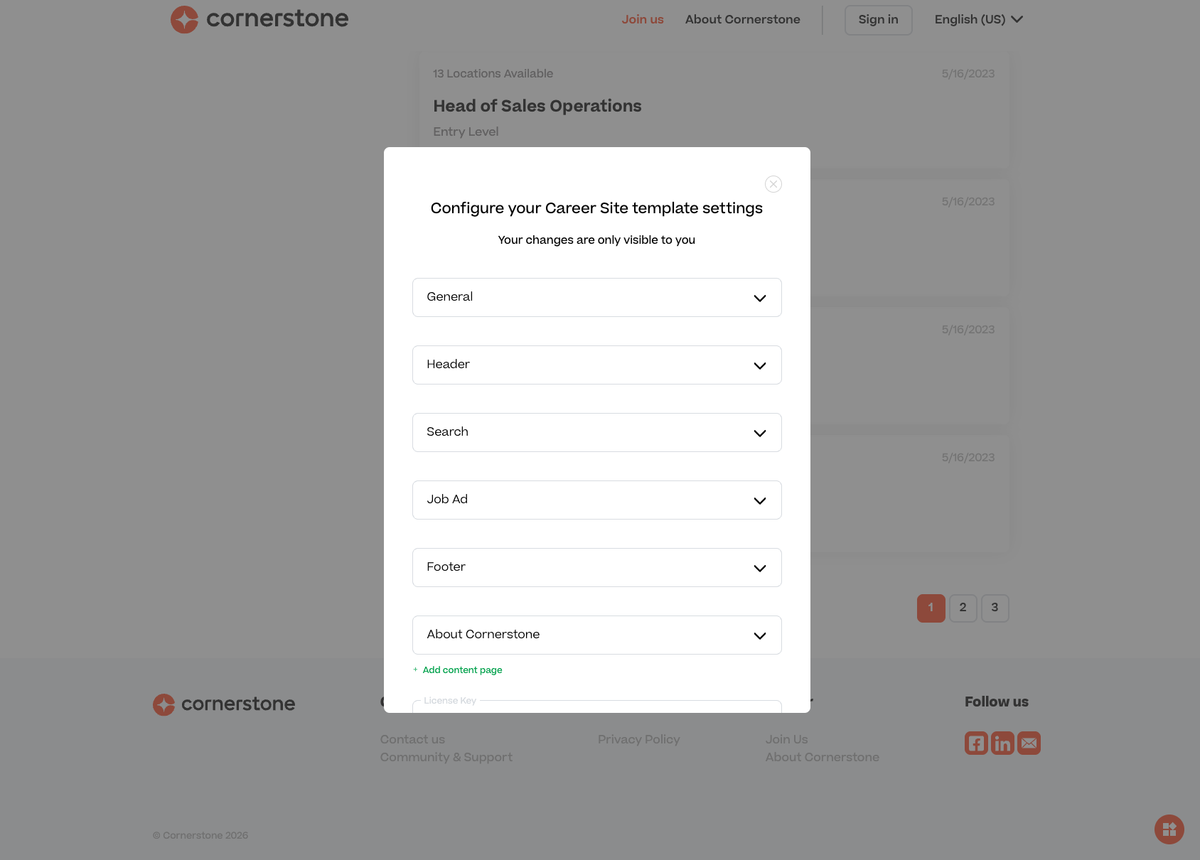 Career Site editor widget open inside Cornerstone