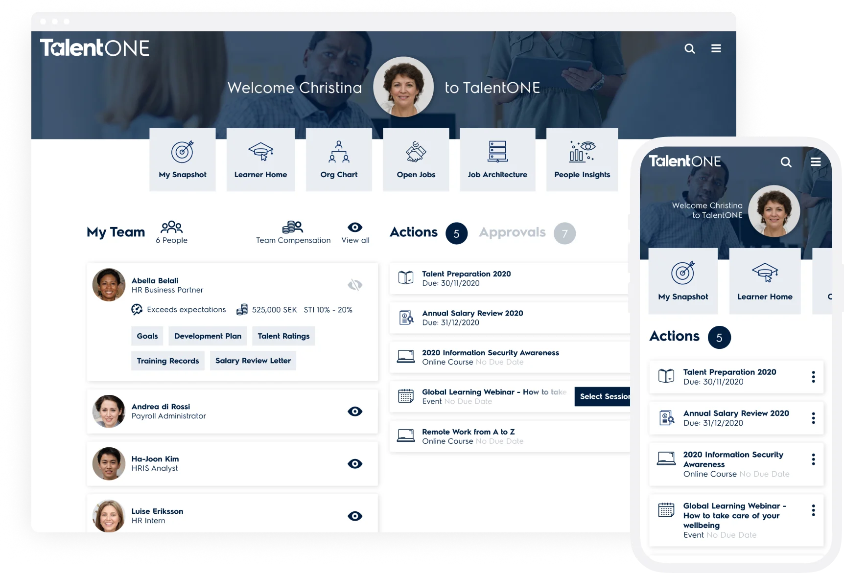 Electrolux TalentONE manager hub showing team overview, performance insights, and approvals