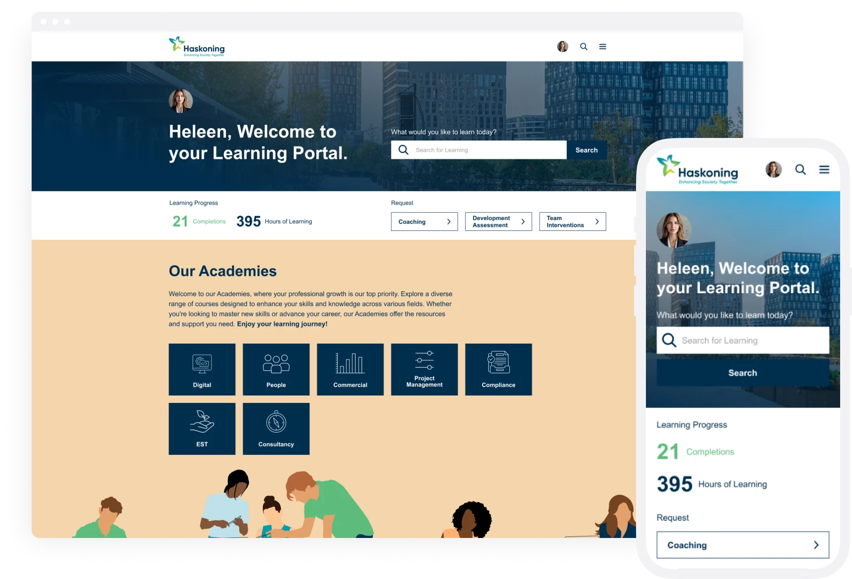Haskoning learner home with curated learning content and navigation