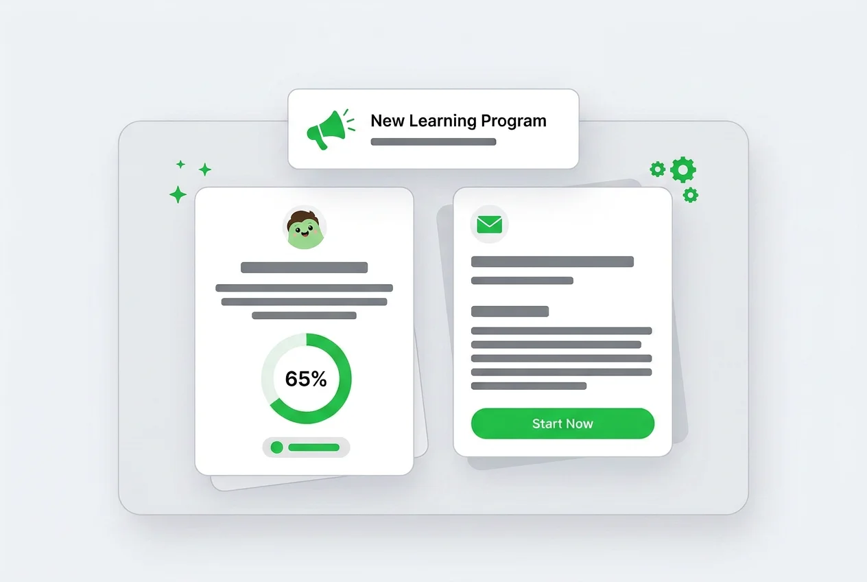 Learning campaign interface with notifications and progress tracking