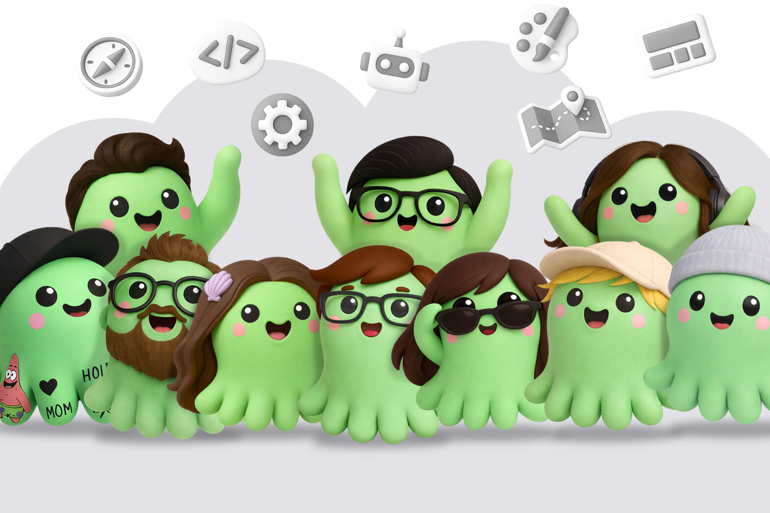 Octily team represented as friendly green octopus characters, each with unique personality traits
