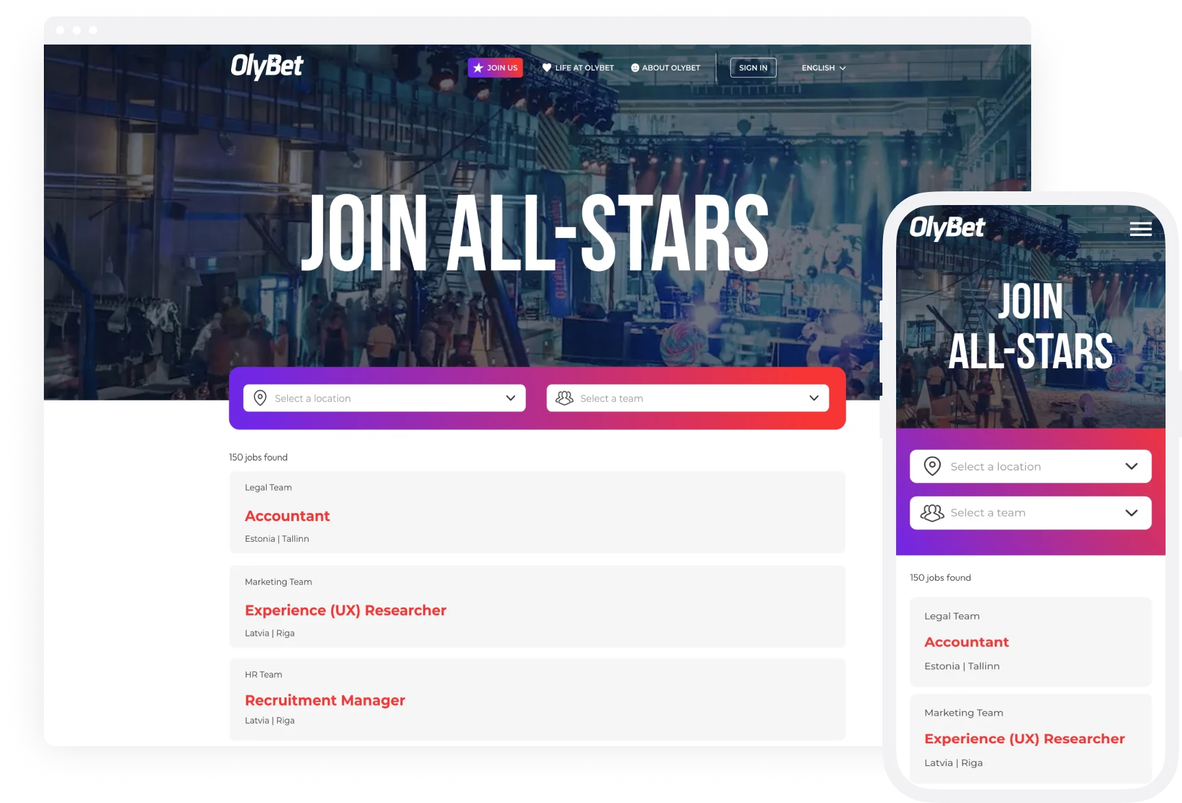 OlyBet career site showing employer branding and open roles