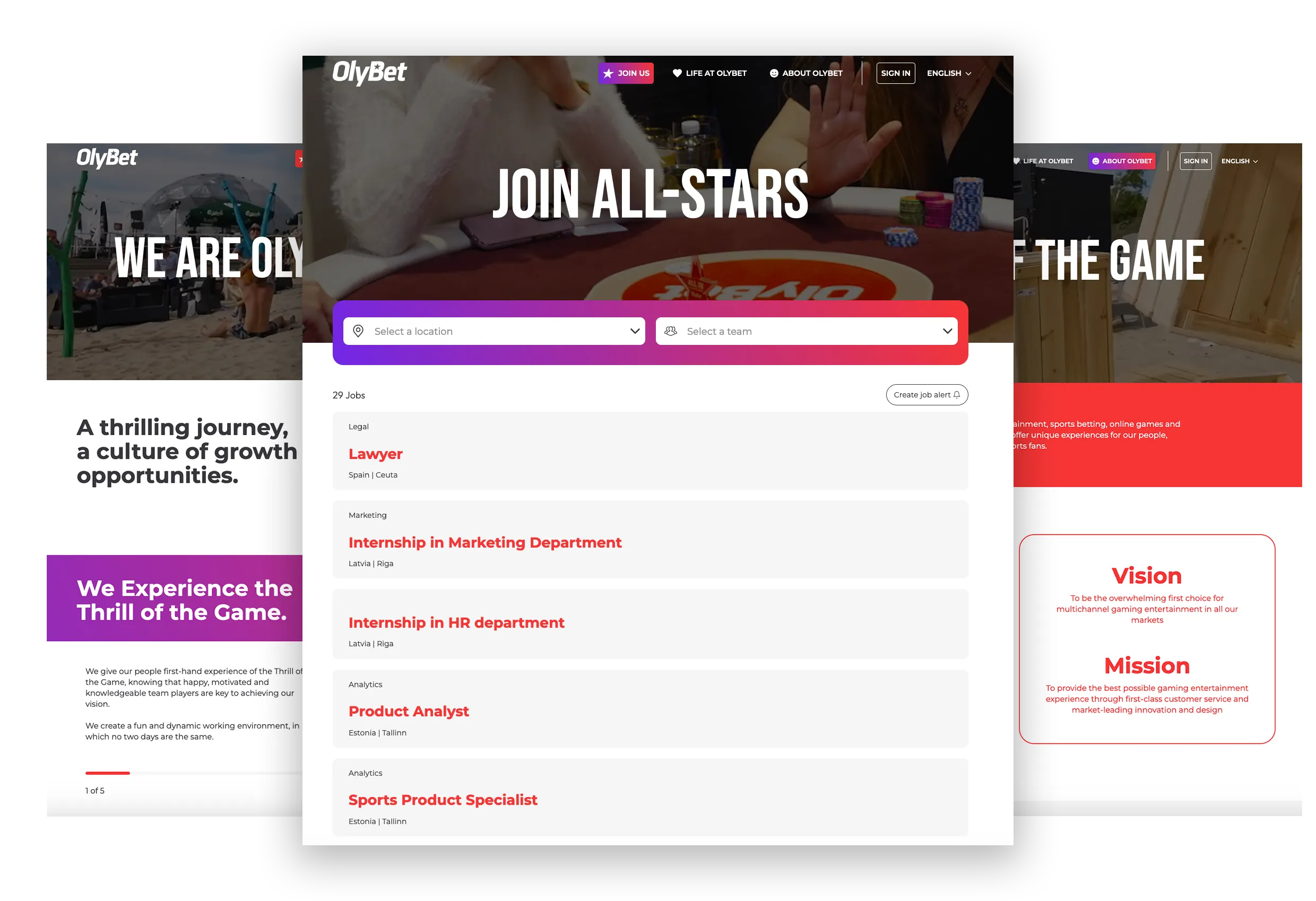 OlyBet career site showing job application flow