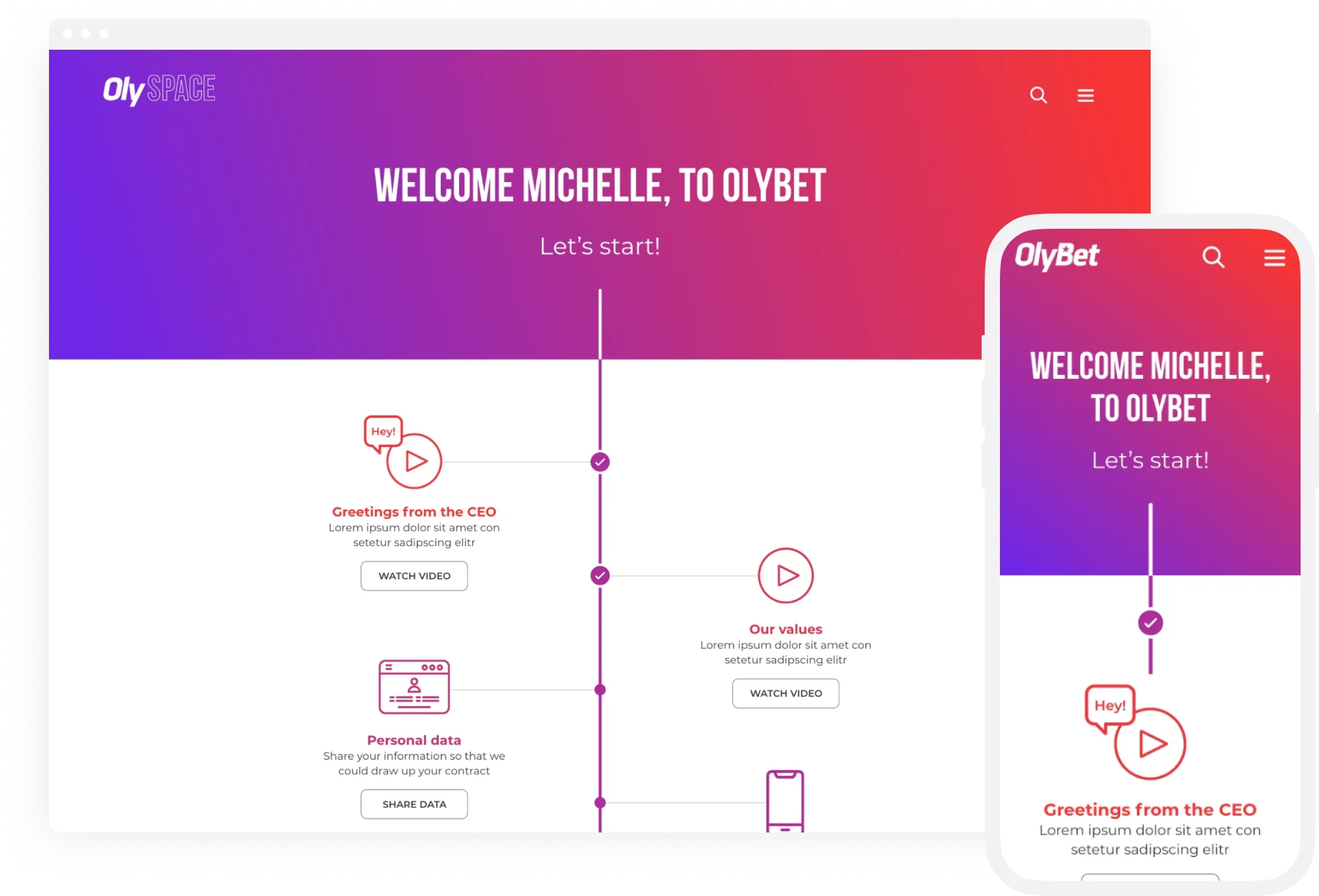 Olybet onboarding welcome page showing structured first-day experience
