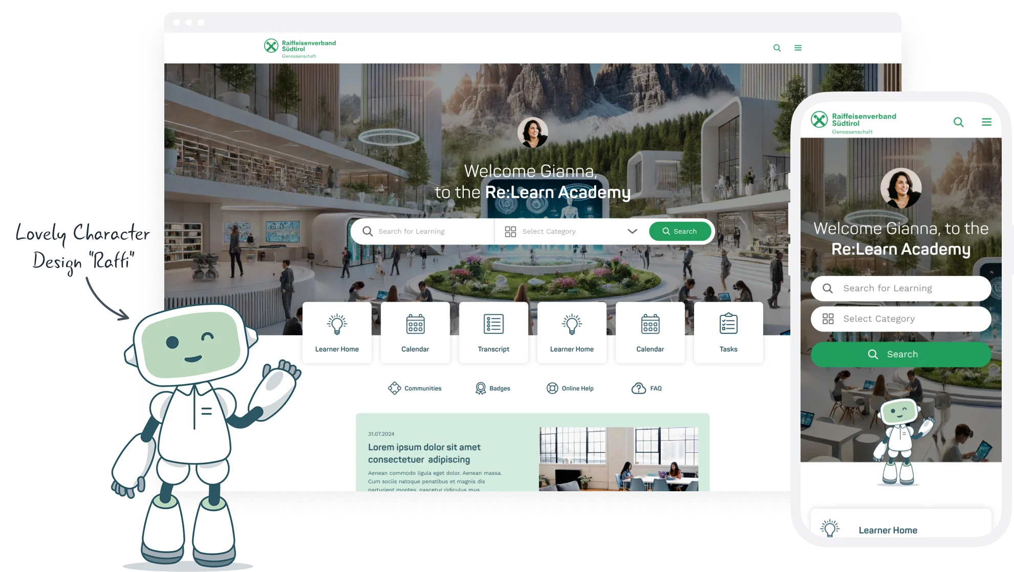 Employee welcome page with Raffi character showing tasks, updates, and personalized content