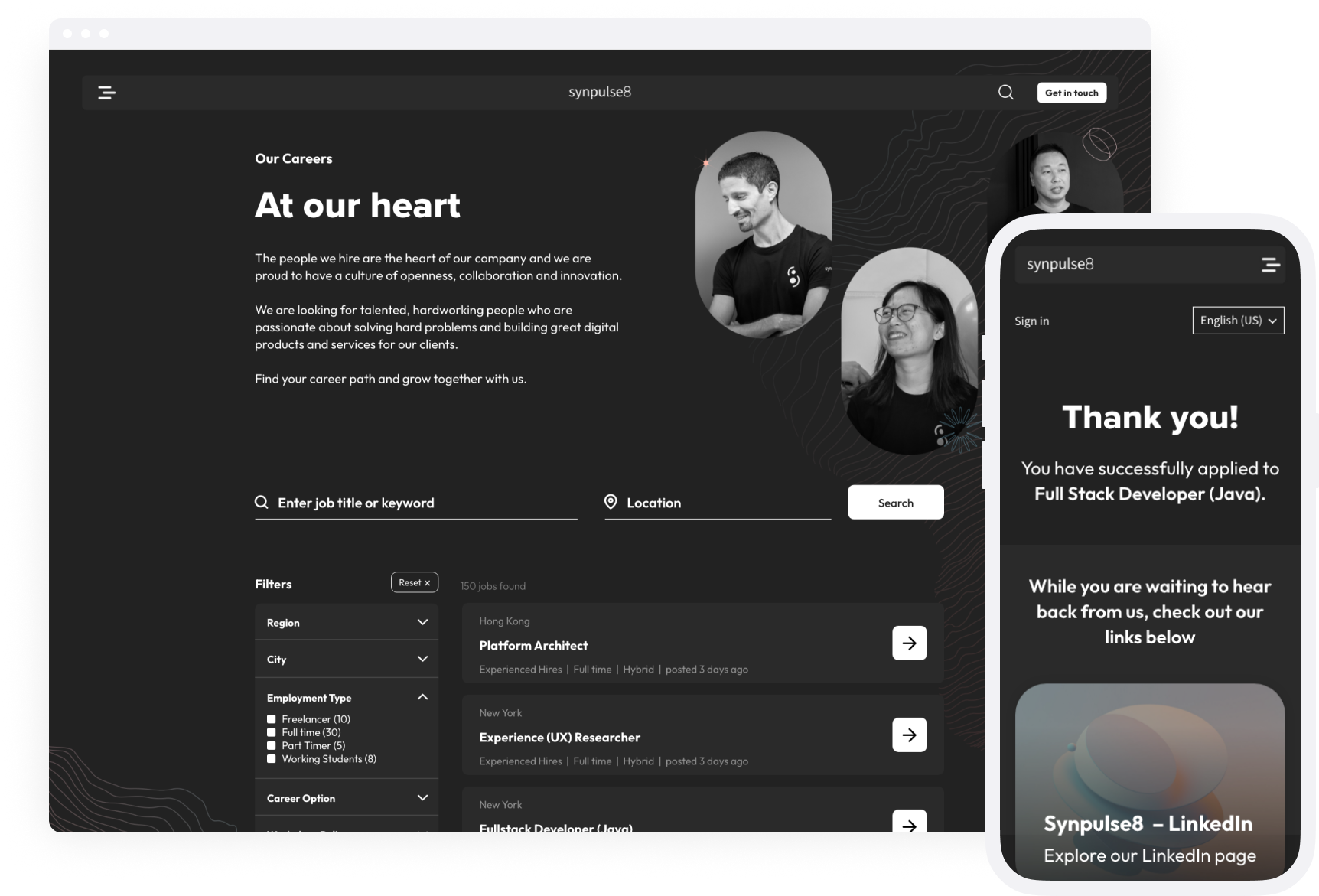 Synpulse career site showing job listings and company content