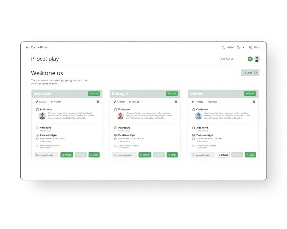 Role-based welcome page views with consistent branding applied across employee, manager, and learner layouts