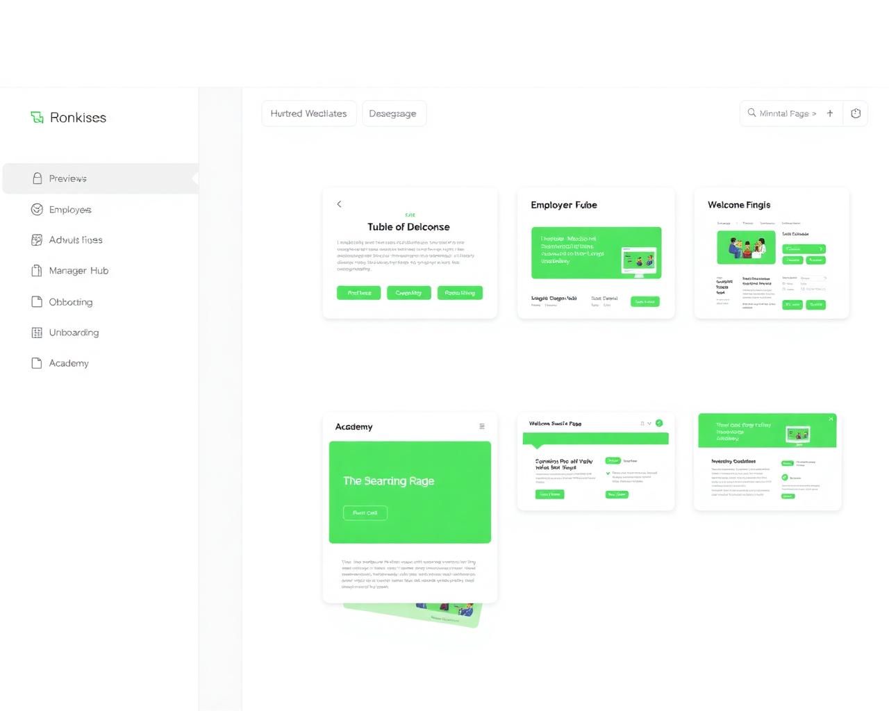 Dashboard showing multiple branded welcome page templates including onboarding, academy, and manager hub pages with consistent styling