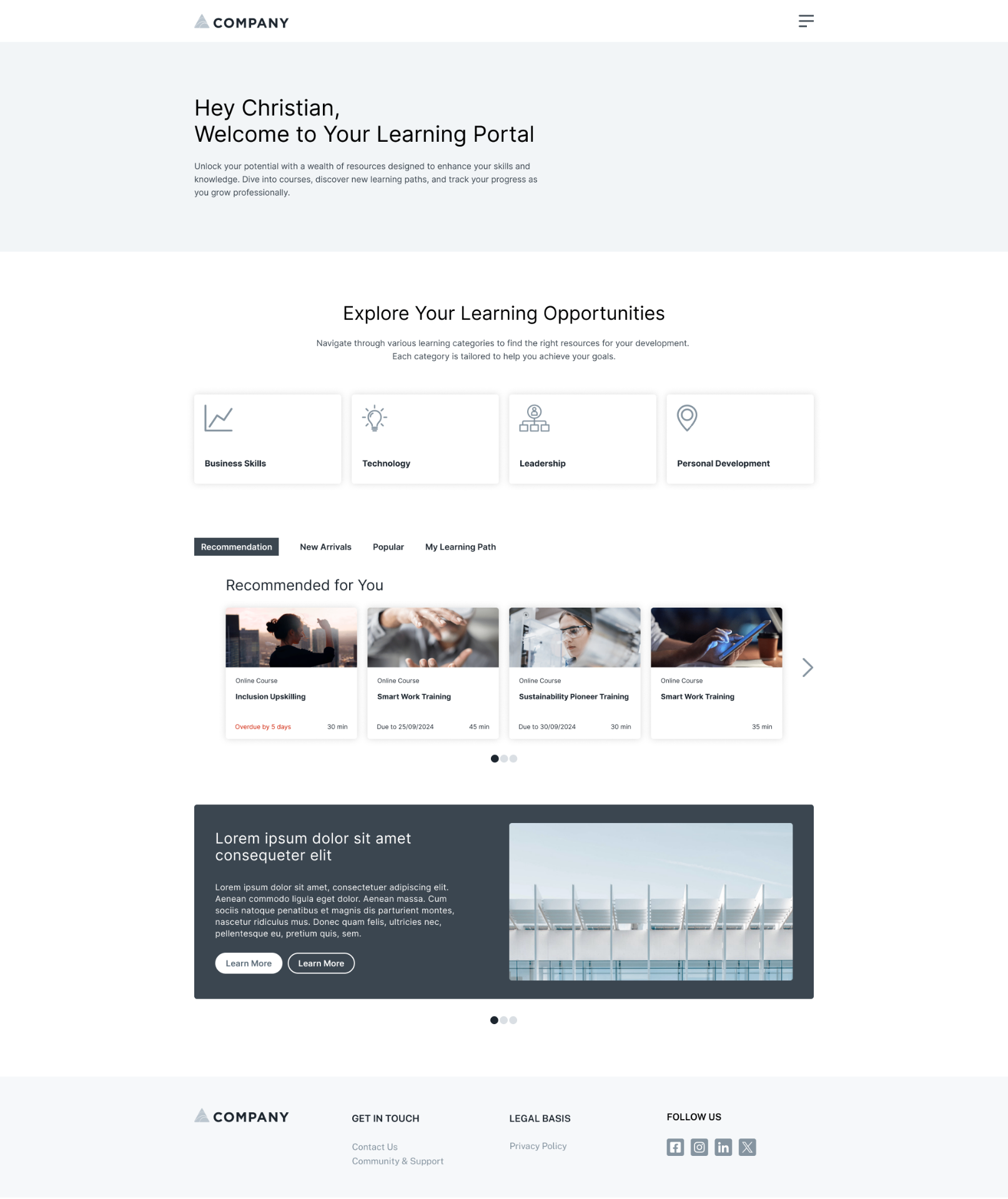 Cornerstone welcome page learner view
